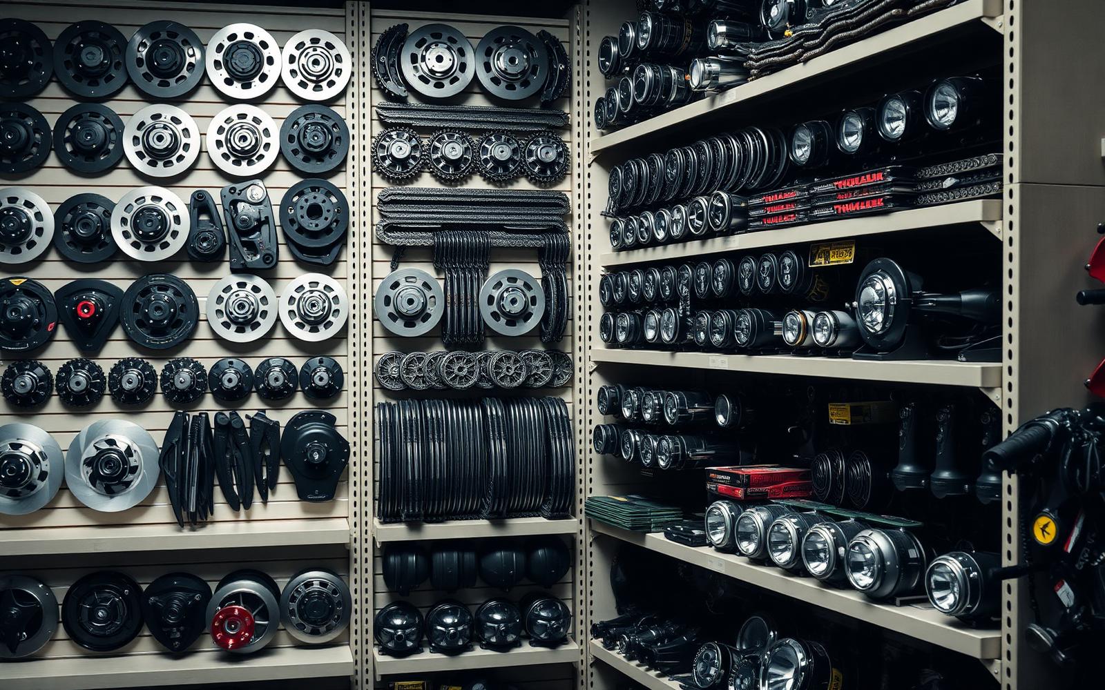 Repuestos y accesorios para motocicletas organizados en estanterías